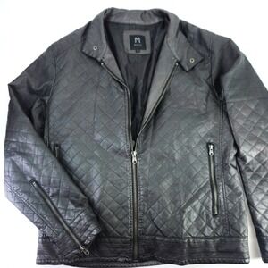 Marqt Mens Black Quilted Faux Leather Moto Biker Jacket Size L Unisex Vegan Zip